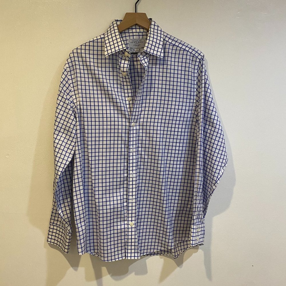 Charles Tyrwhitt Non-Iron Twill Grid Check Shirt - Cobalt Blue sz 16/34